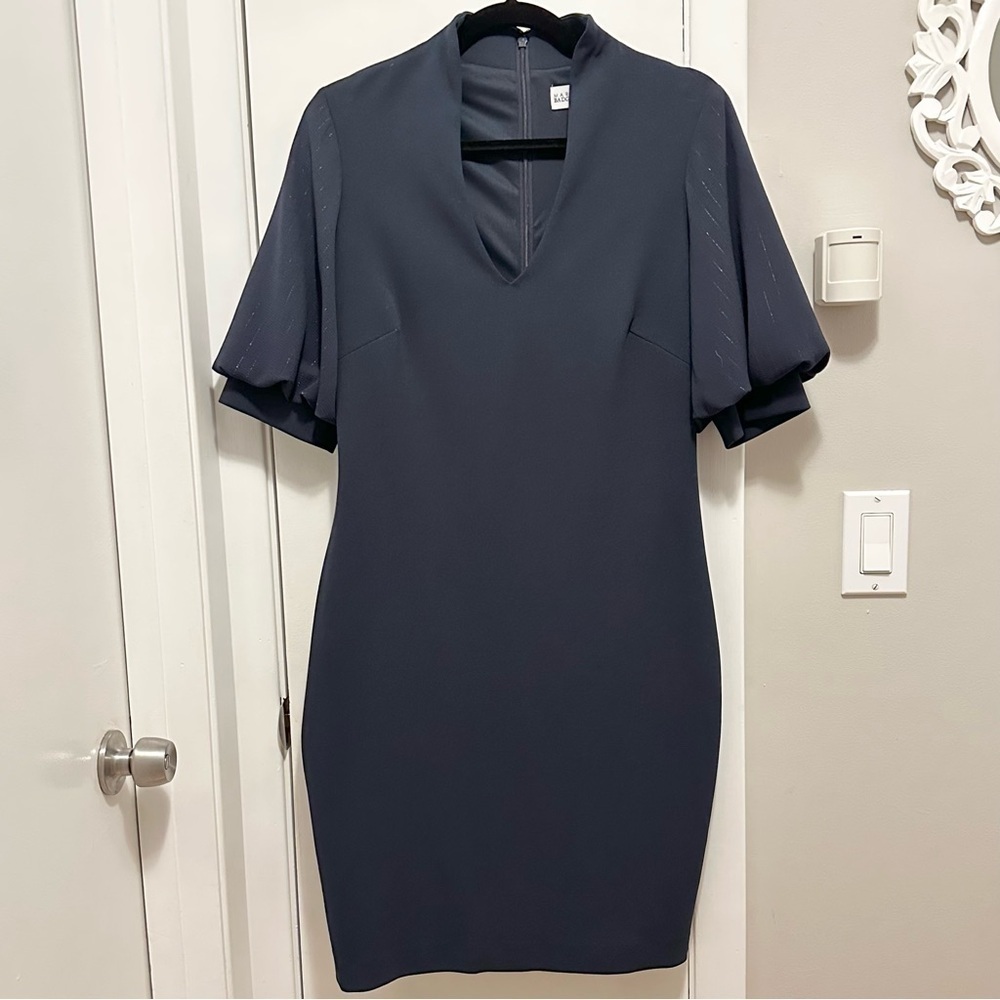 Mark & James Badgley Mischka Navy Blue Cocktail Day Dress Puff Sleeve Low Cut 8